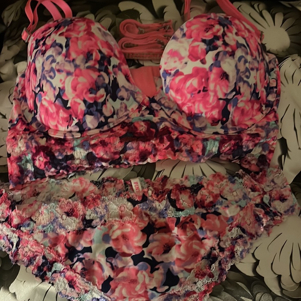2pc Vintage VS PINK Floral Bustier & Extra Low Mini Cheekster Set